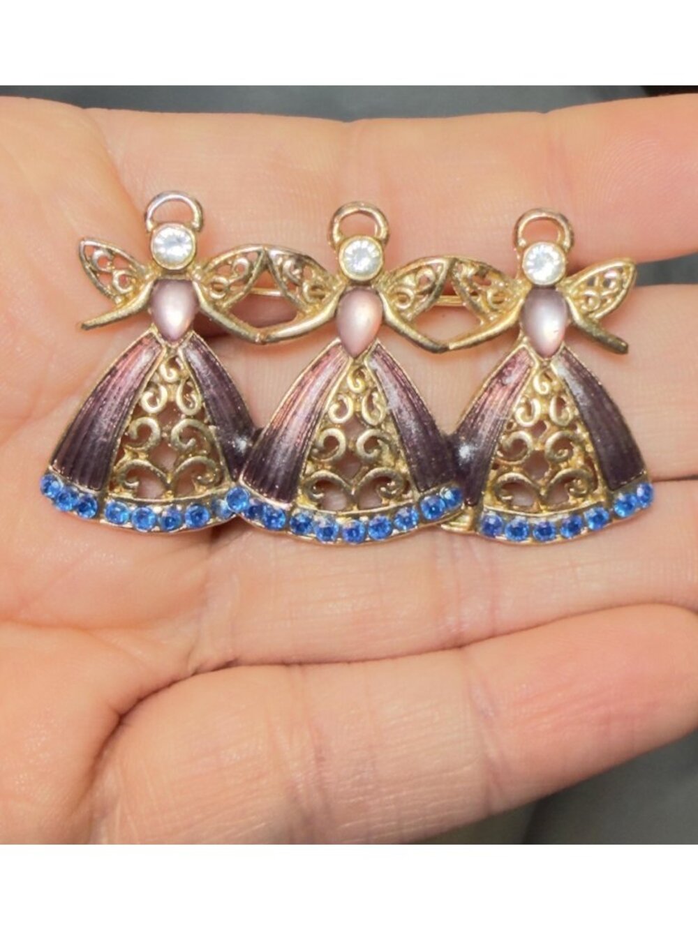 Vintage Angel Trio Brooch Gold Tone Purple Enamel Blue Rhinestones 2.15"